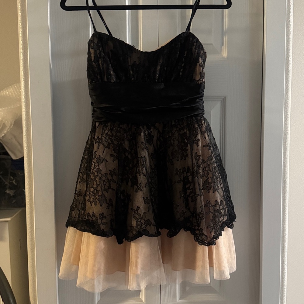 Deb Black and Cream Evening Dress with Metallic Accents